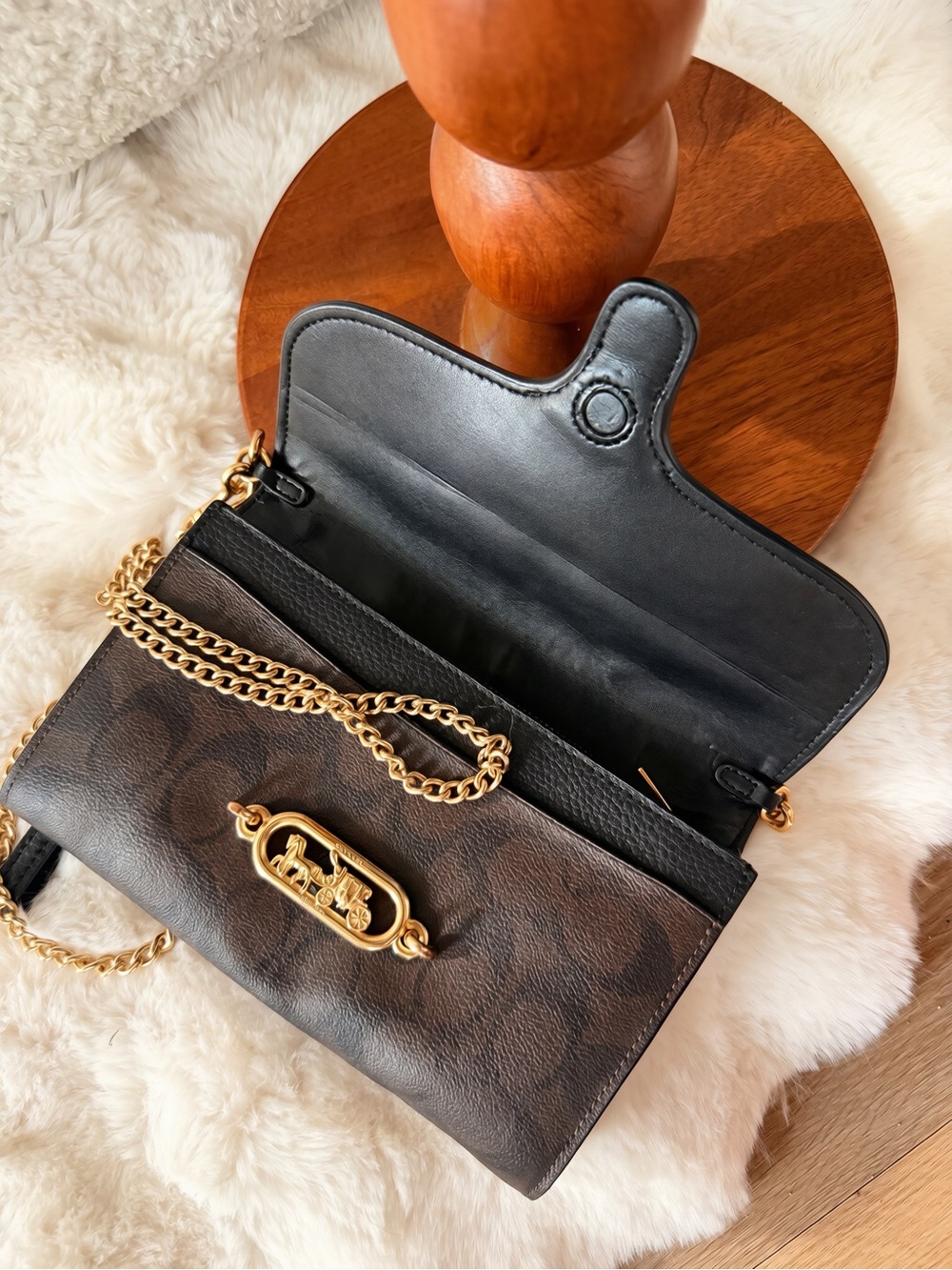 Coach Black Leather & Brown Signature Chain Crossbody - Picture 3 of 3